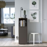 Gray EKET storage unit with door & shelves, between plant art, stool, & cactus.
