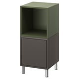 EKET storage unit, olive green & black, open and closed cabinets, metal legs.
