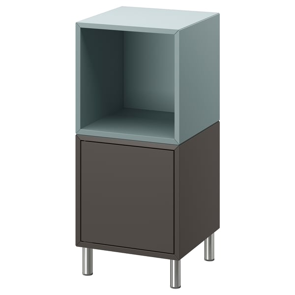 EKET storage unit, grey & turquoise; open, closed shelves; metal legs.