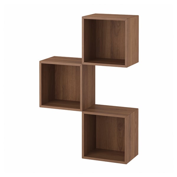 Wooden wall shelf unit in brown, zigzag design, 3 cube storage.