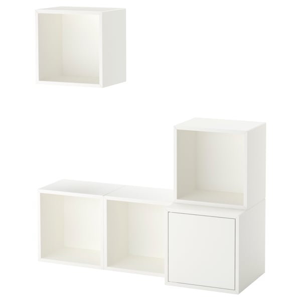 White EKET modular storage cubes, featuring different shapes and sizes.