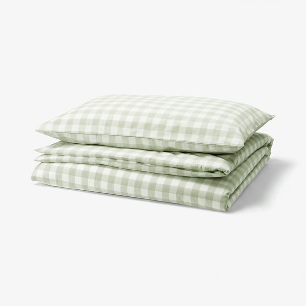 EKTANDVINGE Duvet cover and pillowcase, pale grey-green white/check, 150x200/50x80 cm