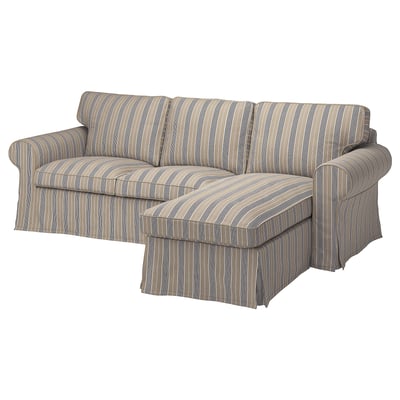 Striped l-shaped couch, beige and grey. Classic design, comfy & removable cover.