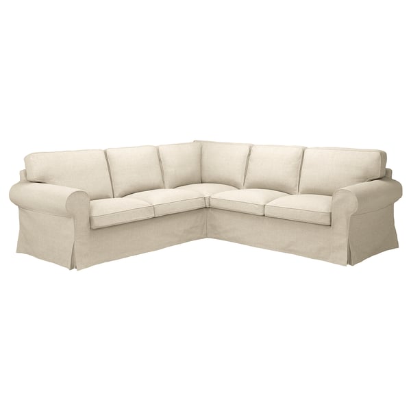 Informative EKTORP l-shaped beige sectional sofa with roll armrest design made of recycled polyester fabric.