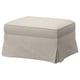 An EKTORP footstool in beige, featuring a plush, rectangular, upholstered design with a skirted bottom and removable cover.