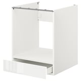 ENHET white kitchen cabinet. Its glossy, rectangular, with a drawer, designed for a built-in oven, and a sleek, modern design.