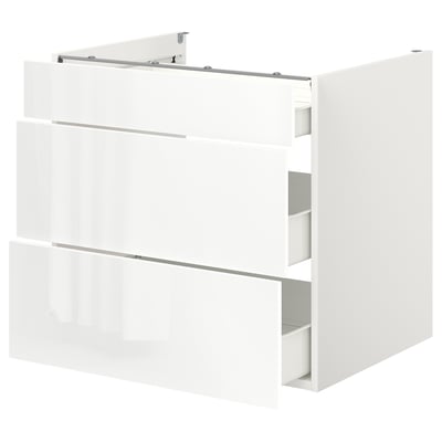 ENHET white kitchen cabinet with three drawers, glossy finish, rectangular shape, sleek design.