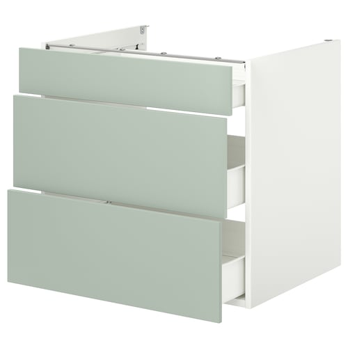 ENHET kitchen cabinet with light green drawers and three drawers.