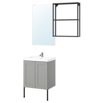Modern grey bathroom vanity. Sink, mirror, and wall shelf. Clean lines, mix of open/closed storage.