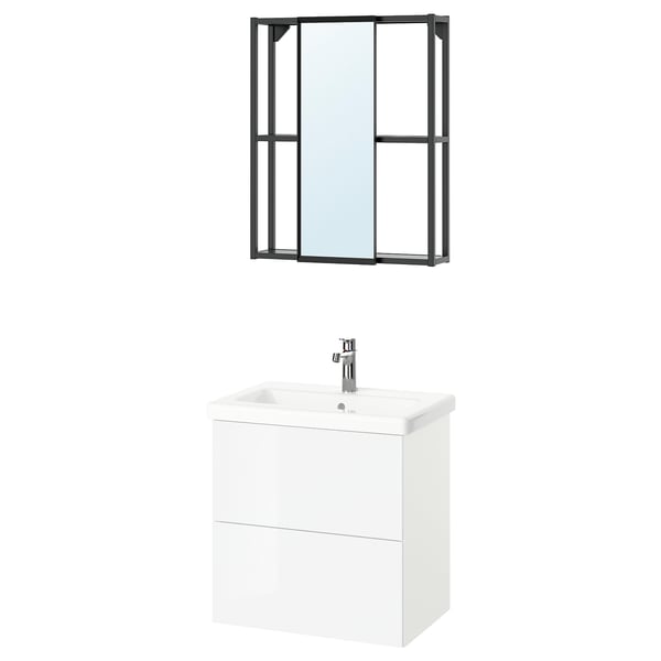 Modern white bathroom vanity with mirrors, minimalist ENHET design.