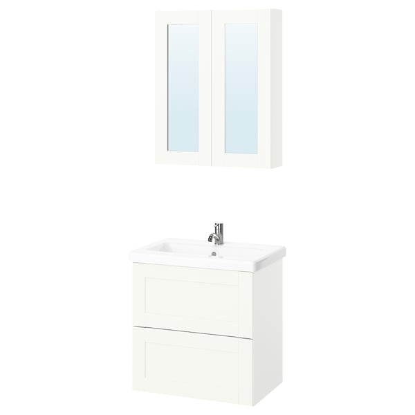 White ENHET bathroom vanity with mirror cabinet, featuring drawers and shelves.