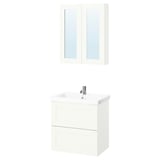 White ENHET bathroom vanity with mirror cabinet, featuring drawers and shelves.