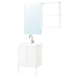 Modern white bathroom setup: sleek sink cabinet, mirror, and wall shelves with chrome fixtures.