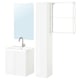 Option: This image shows a white bathroom vanity set with storage, a mirror, and shelves. The modern design glossy surfaces and steel accents.