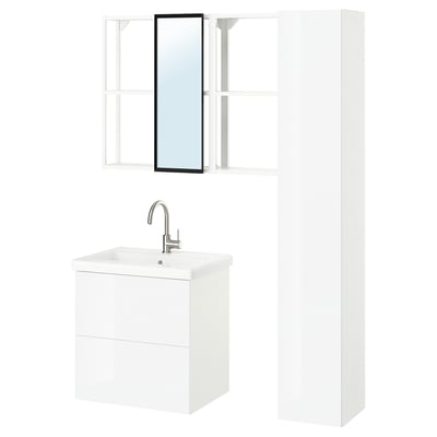 Modular white bathroom vanity with sink, mirror, and storage.