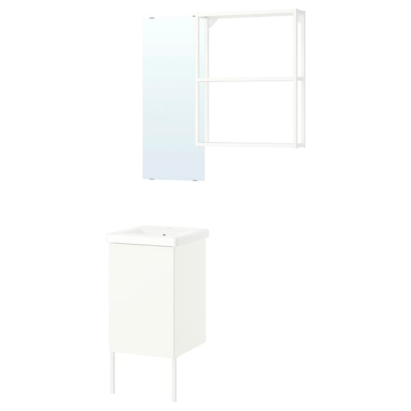 A white ENHET bathroom storage set with a wall mirror and shelves. It combines open and closed storage for efficient organisation.