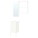 A white ENHET bathroom storage set with a wall mirror and shelves. It combines open and closed storage for efficient organisation.