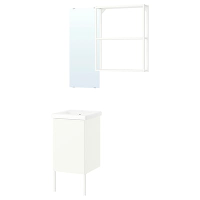 A white ENHET bathroom storage set with a wall mirror and shelves. It combines open and closed storage for efficient organisation.
