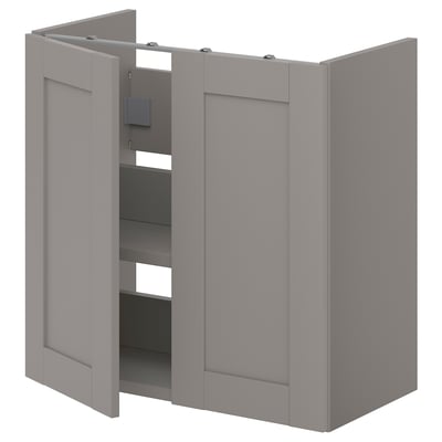 ENHET grey bathroom cabinet: modern, light grey, rectangular, two doors, one shelf, particleboard.