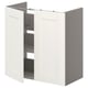 An ENHET white bathroom cabinet with open doors, revealing storage shelves.