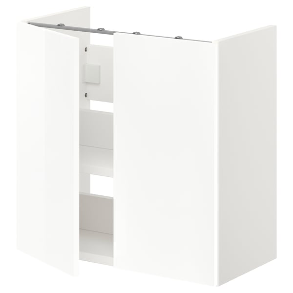 White glossy cabinet with shelf, clean design, easy to wipe.