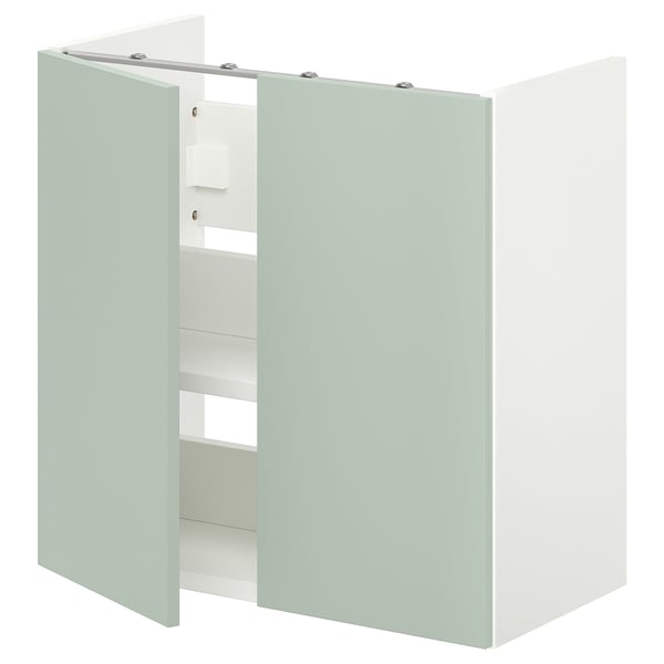 ENHET sage green bathroom cabinet with shelves.