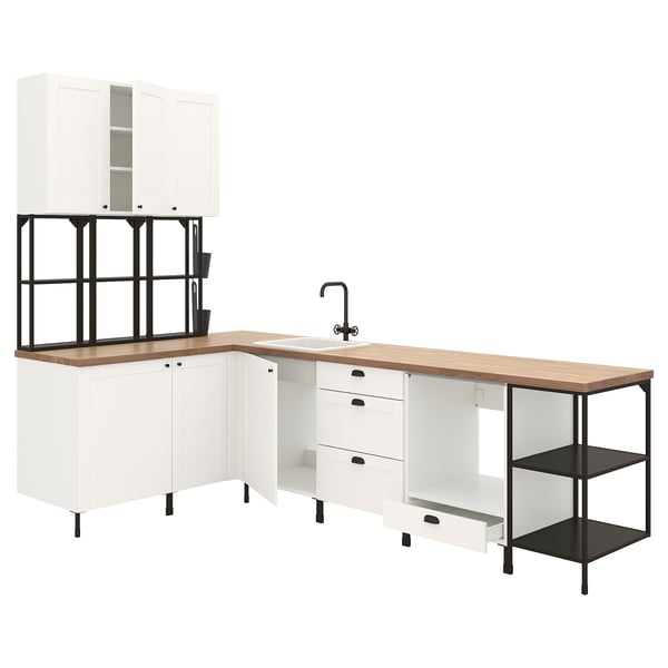 Modern white kitchen setup with wooden countertops, black accents, and open shelving.