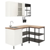 Modern kitchen setup: white cabinets, light wood countertop, stainless sink, black shelves, and hanging racks.