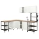 Option: Modern white kitchen with l-shape, wooden counter, open shelves, and wall cabinets.