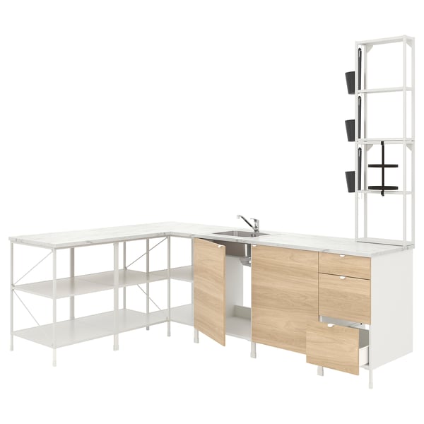 White ENHET modular kitchen setup with wooden cabinets, metal frame, marble top, and shelves.