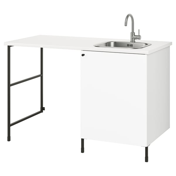White ENHET utility combo: sink, counter, cabinet. Modern, minimalist design with stainless sink, metallic tap.