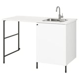 White ENHET utility combo: sink, counter, cabinet. Modern, minimalist design with stainless sink, metallic tap.