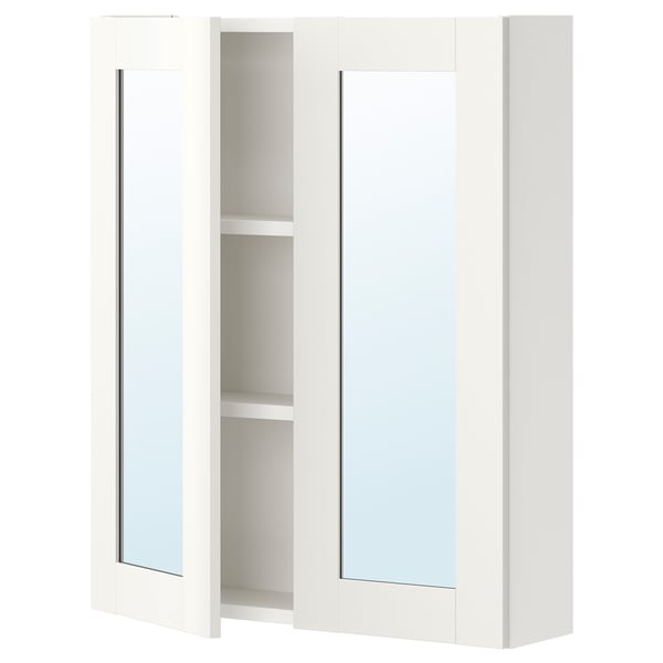 White ENHET wall cabinet with mirror doors and two shelves for bathroom storage.