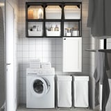 ENHET laundry organizer with compartments, washing machine, and hanging space.