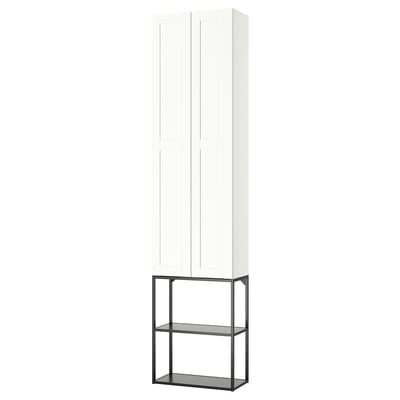 ENHET white cabinet with black metal shelves, tall and slim, minimalist design.