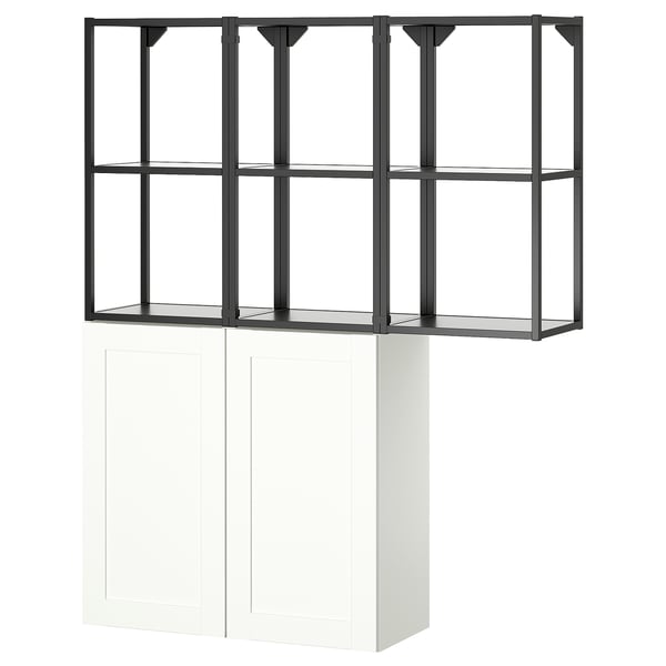 White ENHET wall cabinet combo with mix of closed and open metal shelves, sleek steel frame, glass upper shelves.