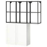 White ENHET wall cabinet combo with mix of closed and open metal shelves, sleek steel frame, glass upper shelves.