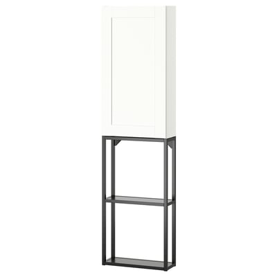 An ikea ENHET storage unit in white with a metal stand and open shelf. Its sleek, modern, and versatile for kitchens or bathrooms.