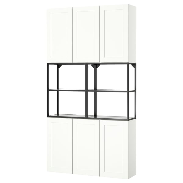 ENHET wall storage: modern white cabinet with black metal open shelves, rectangular shape, minimalist design.