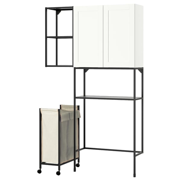 Modern ENHET laundry unit: white storage, open shelves, hanging bag.