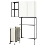 Modern ENHET laundry unit: white storage, open shelves, hanging bag.