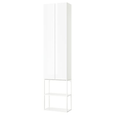 An ENHET high cabinet combo in white with glass doors and open shelves, ideal for bathroom or kitchen storage.