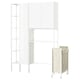 A white ENHET storage unit with open shelves, closed cabinets, and a rolling laundry bag. Modern and minimalist design.
