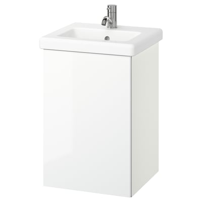 White, modern, wall-mounted bathroom cabinet with square ceramic sink and single handle faucet.