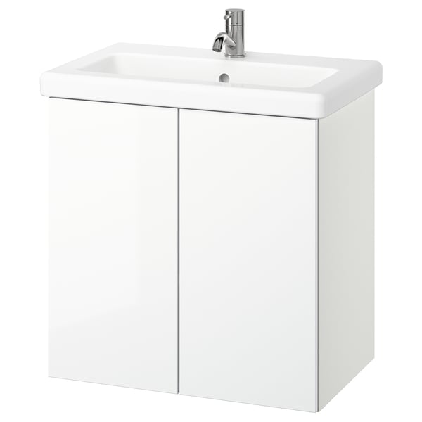 White ENHET bathroom vanity. Modern, clean design with glossy finish. Includes ceramic sink and chrome mixer tap.
