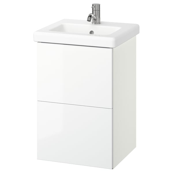 This image shows a white ENHET bathroom vanity with a sink on top, two drawers, and a modern design.