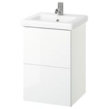 This image shows a white ENHET bathroom vanity with a sink on top, two drawers, and a modern design.