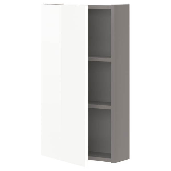 White ENHET wall cabinet with gray interior, two shelves, glossy finish.
