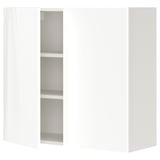 Glossy white wall cabinet with minimalistic design, two inner shelves for storage.