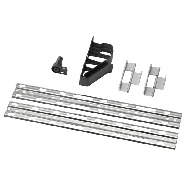 ERSÄTTARE, various hardware parts: black plastic, silver metal, rectangular shapes, assorted fasteners.